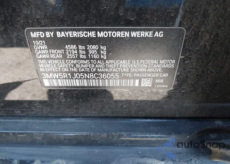 2022 BMW 330I из США, поврежденный, VIN 3MW5R1J05N8C36055